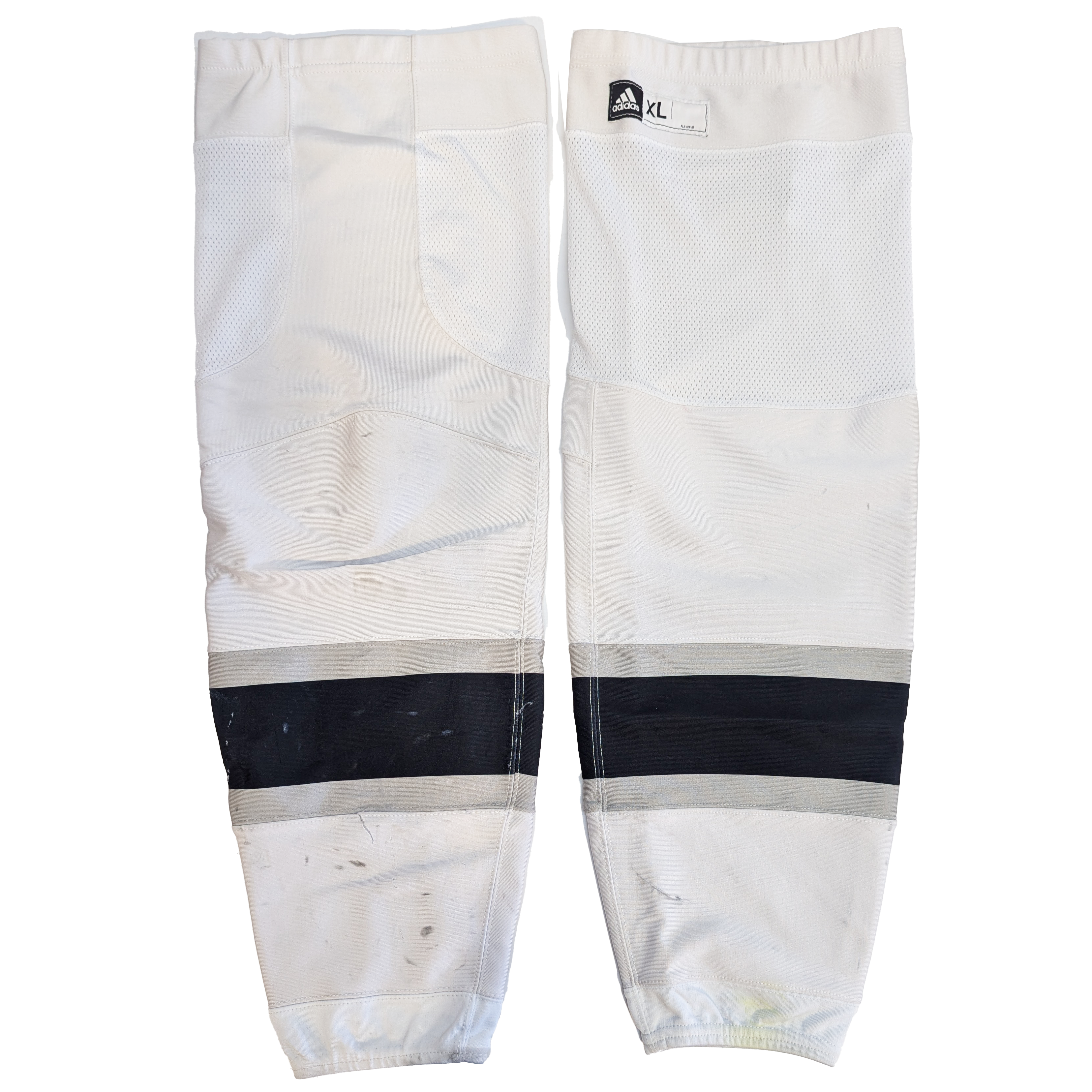 Chaussette de hockey Adidas Pro Stock de la LNH d'occasion - Kings de Los Angeles - (Blanc/Noir/Argent)